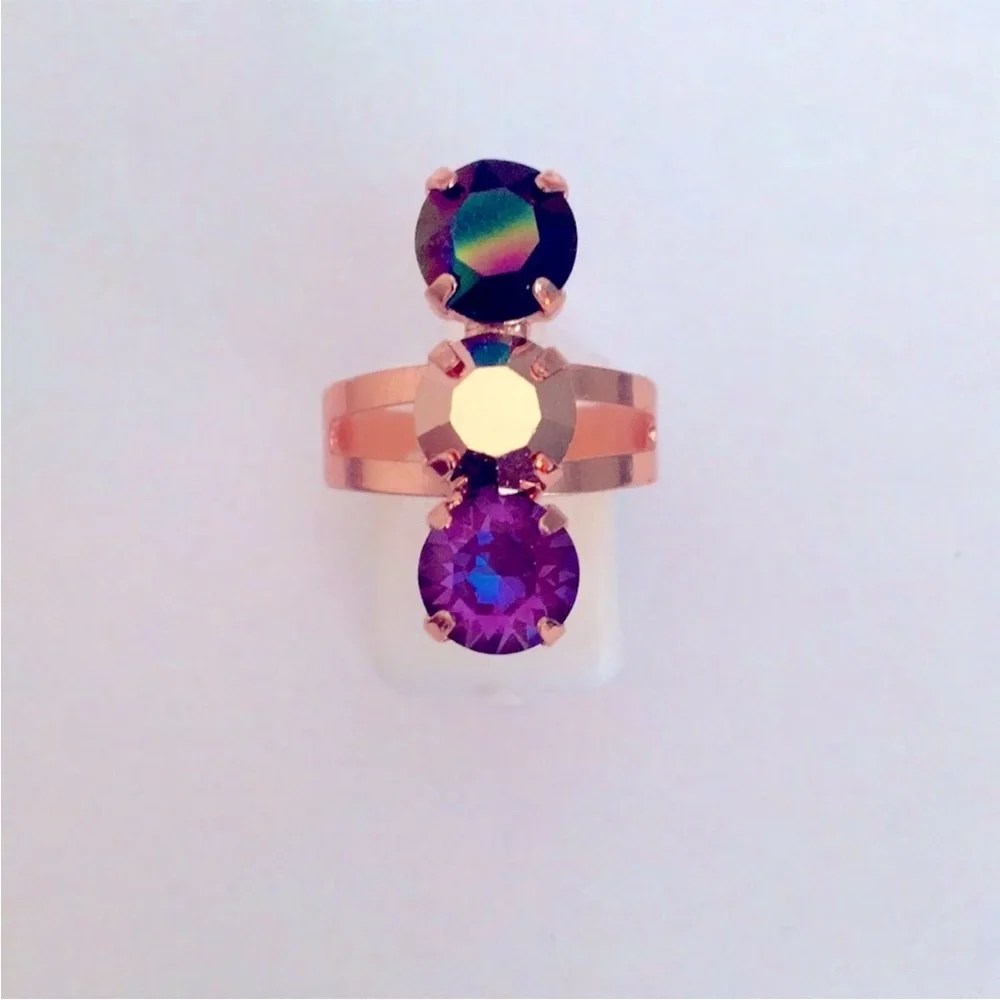 Gold, Iridescent Black + Burgundy Rose Gold Crystal Ring